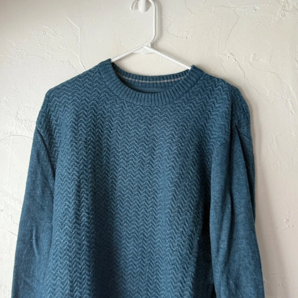 Royal Robbins Vintage 90s Mens Wool Teal Blue Herringbone Knit Sweater L Grandpa